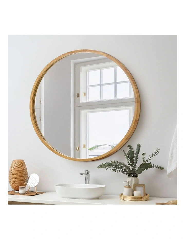 Oikiture Wall Mirrors Round Makeup Mirror Vanity Home Decorative Wooden 80cm image 4