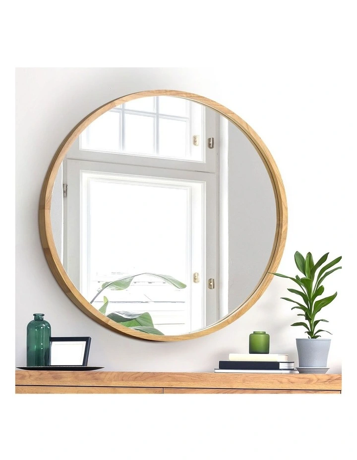 Oikiture Wall Mirrors Round Makeup Mirror Vanity Home Decorative Wooden 80cm image 5