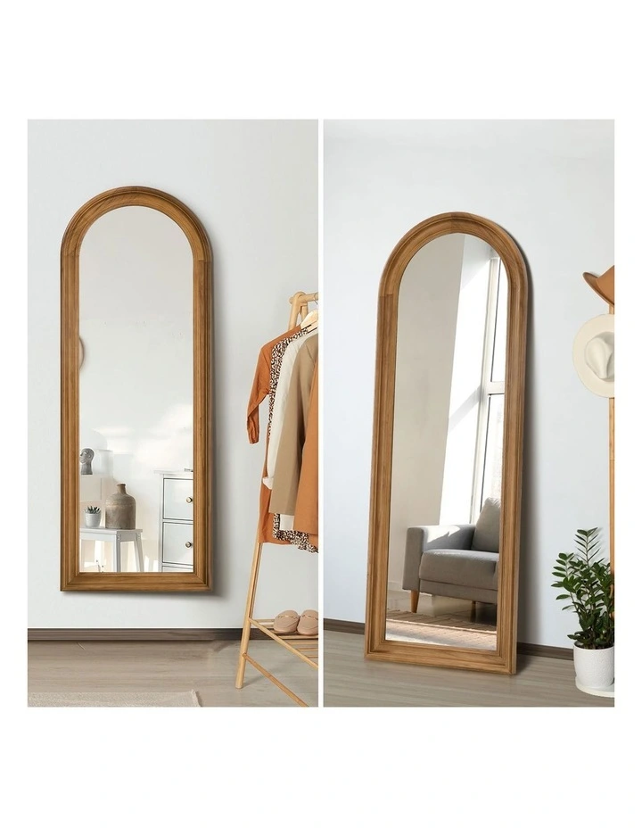 Oikiture Full Length Mirror Elegance Arch 165x60cm Walnut Wood Floor Mirrors image 6