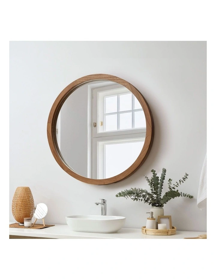 Oikiture Wall Mirrors 60cm Round Makeup Mirror Home Decor Bathroom Walnut image 4