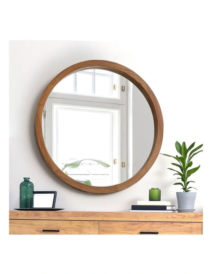 Oikiture Wall Mirrors 60cm Round Makeup Mirror Home Decor Bathroom Walnut image 5