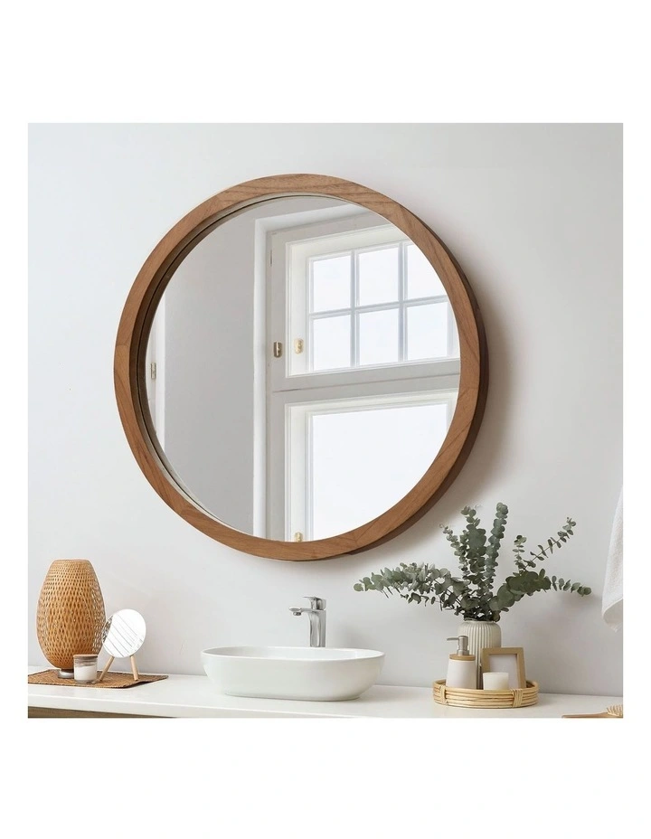 Oikiture Wall Mirrors 70cm Round Makeup Mirror Vanity Home Decor Walnut image 4