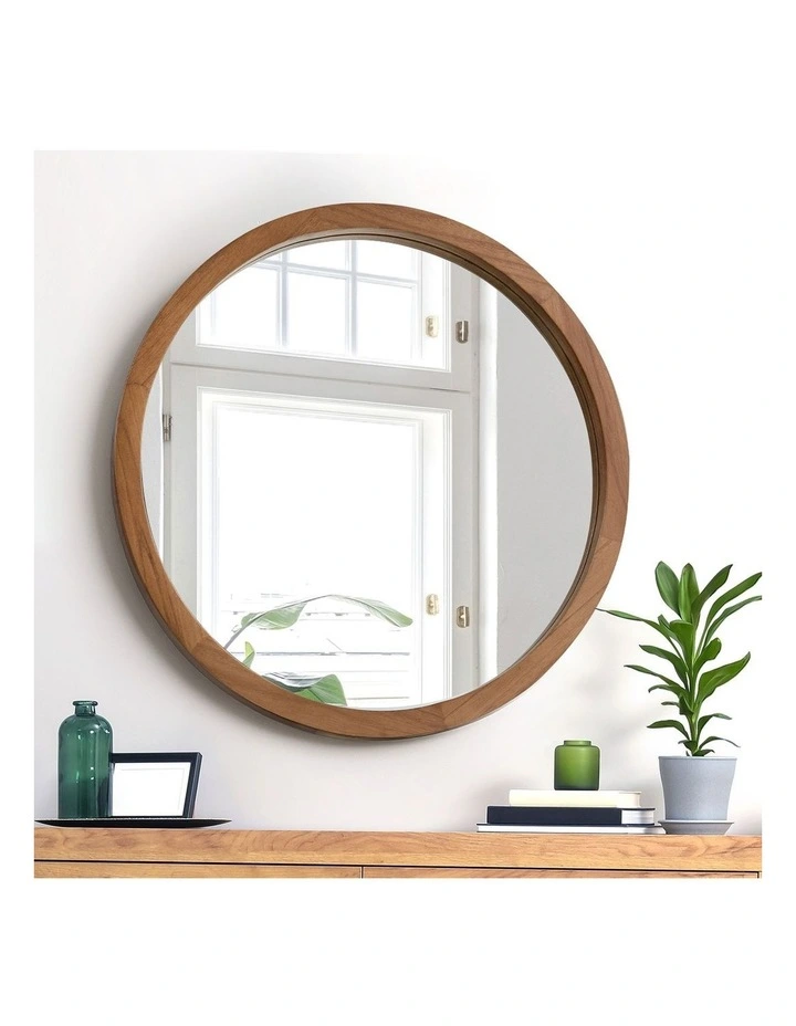 Oikiture Wall Mirrors 70cm Round Makeup Mirror Vanity Home Decor Walnut image 5