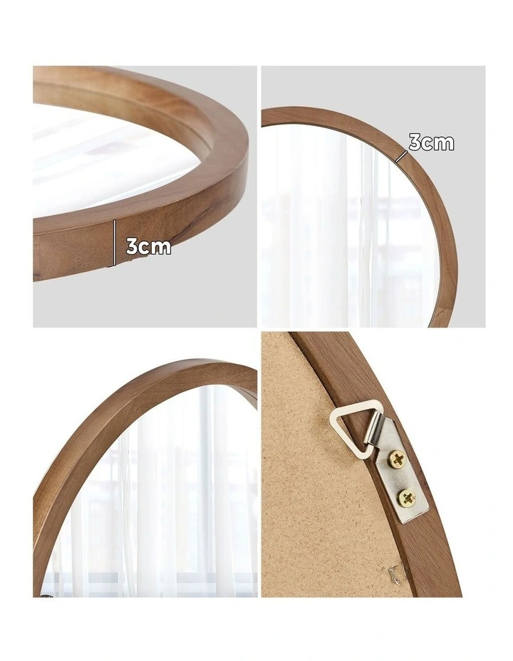 Oikiture Wall Mirrors 70cm Round Makeup Mirror Vanity Home Decor Walnut image 6