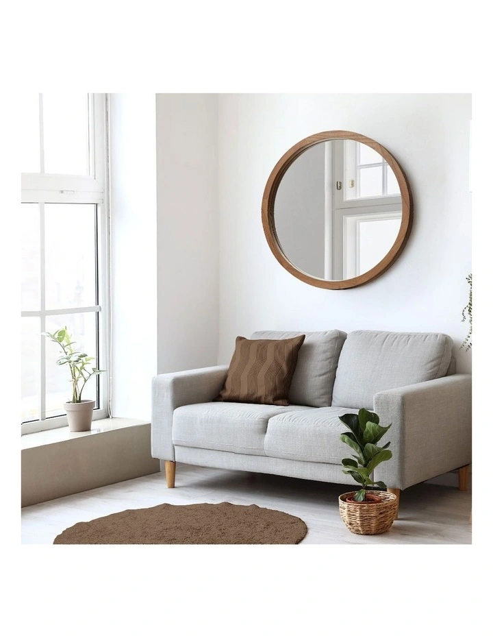 Oikiture Wall Mirrors 70cm Round Makeup Mirror Vanity Home Decor Walnut image 7