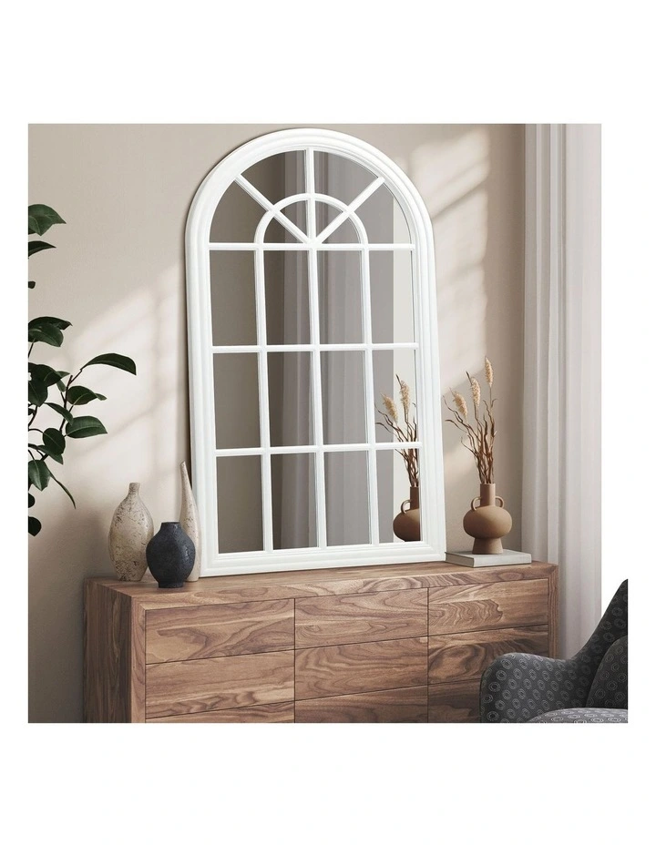 Oikiture Wooden Window Mirror Arched Wall Mirrors Decor 130x70cm White image 4