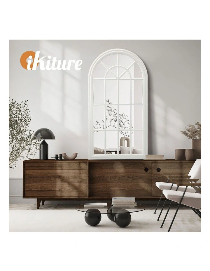 Oikiture Wooden Window Mirror Arched Wall Mirrors Decor 130x70cm White image 7