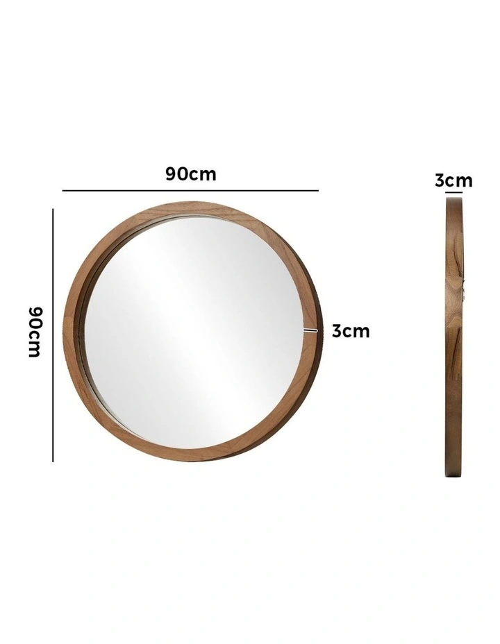 Oikiture Wall Mirrors 90cm Round Large Makeup Mirror Bathroom Home Decor Walnut image 3