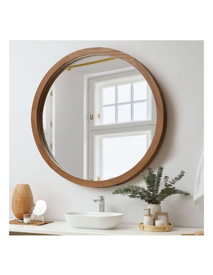 Oikiture Wall Mirrors 90cm Round Large Makeup Mirror Bathroom Home Decor Walnut image 4