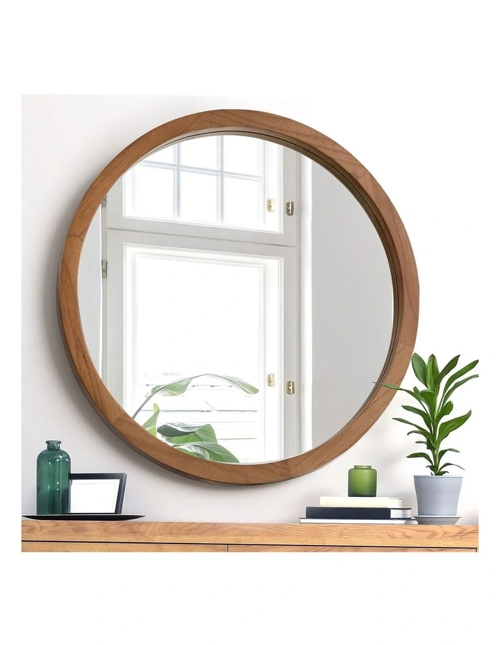 Oikiture Wall Mirrors 90cm Round Large Makeup Mirror Bathroom Home Decor Walnut image 5
