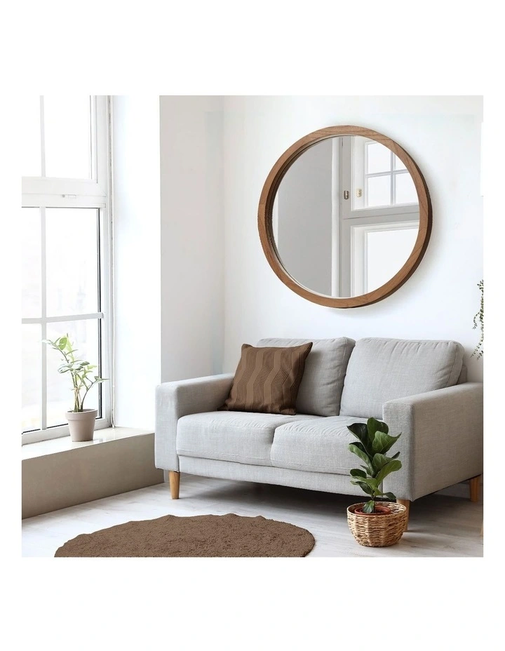 Oikiture Wall Mirrors 90cm Round Large Makeup Mirror Bathroom Home Decor Walnut image 7