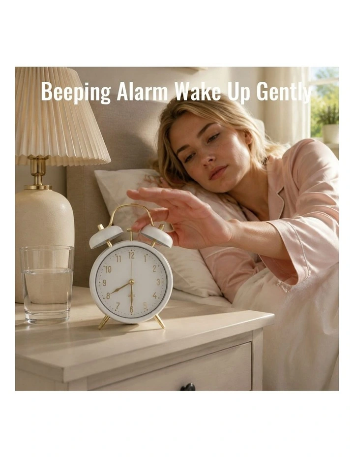 Clevinger 16cm Classic Twin Bell Analogue Bedside Alarm Clock - White & Gold image 2