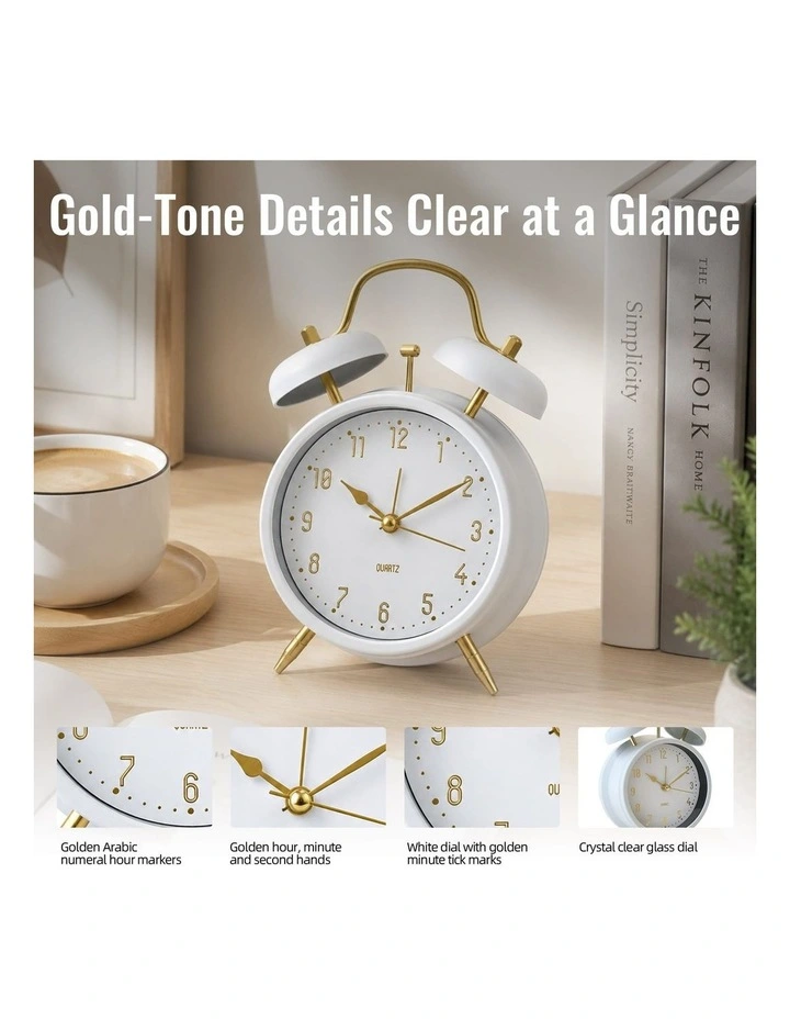 Clevinger 16cm Classic Twin Bell Analogue Bedside Alarm Clock - White & Gold image 3