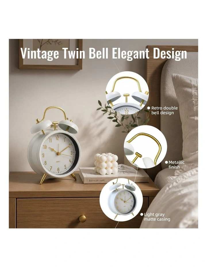 Clevinger 16cm Classic Twin Bell Analogue Bedside Alarm Clock - White & Gold image 5