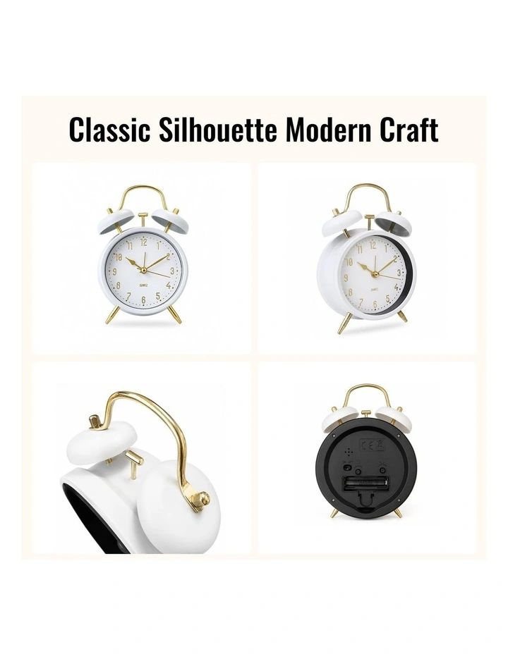 Clevinger 16cm Classic Twin Bell Analogue Bedside Alarm Clock - White & Gold image 6