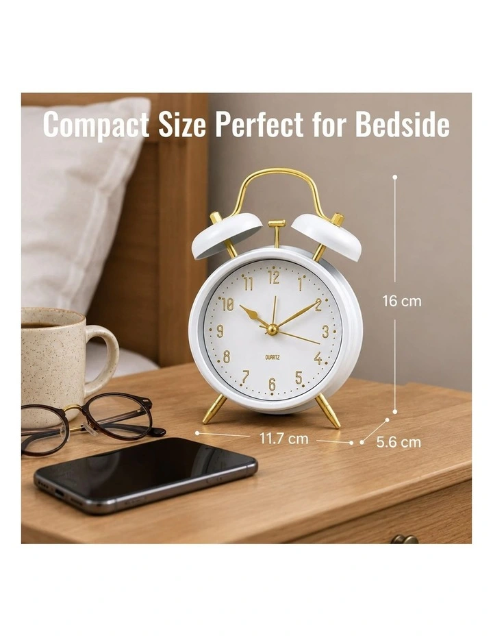 Clevinger 16cm Classic Twin Bell Analogue Bedside Alarm Clock - White & Gold image 7