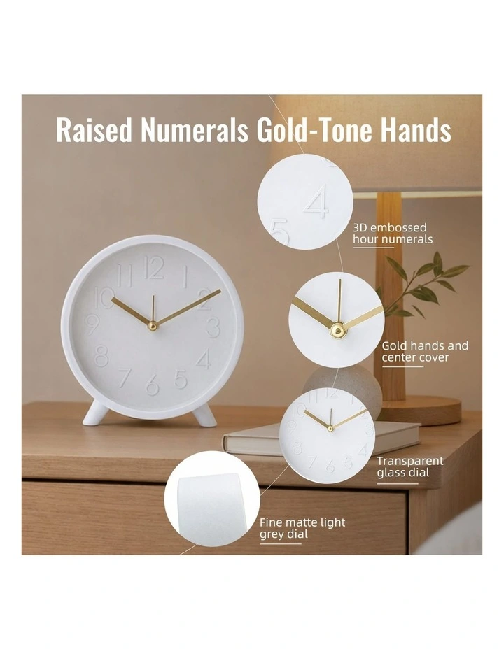 Clevinger Modern Analogue Alarm Clock 14.7cm in White & Gold Bedside Tabletop Clock image 2