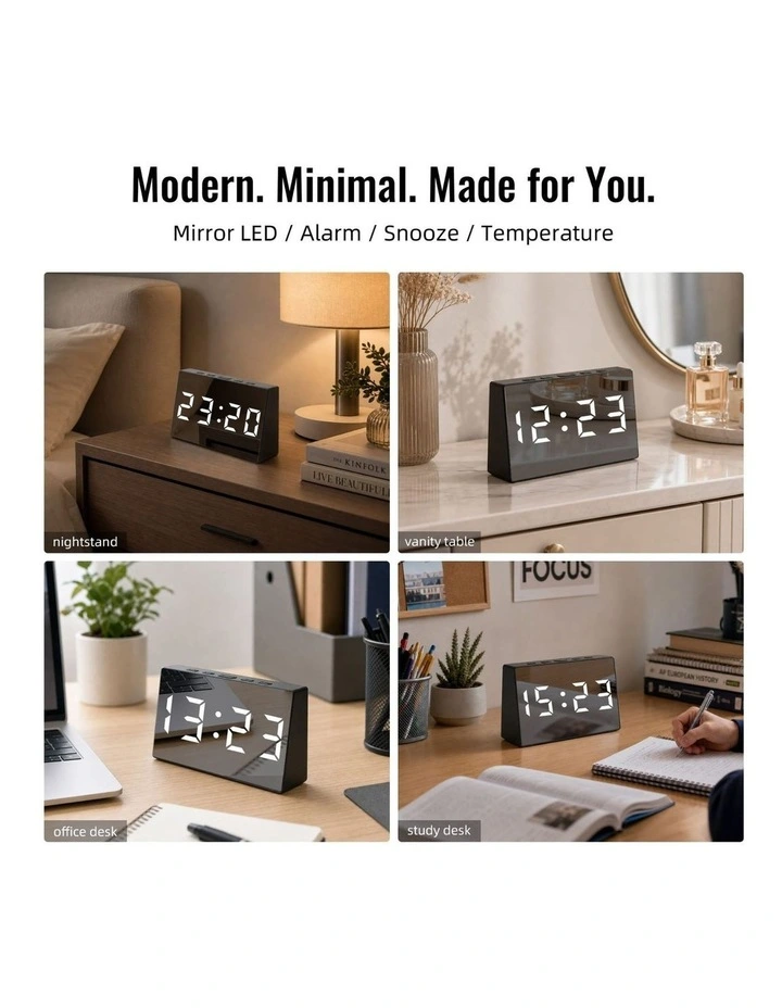 Clevinger Black LED Digital Alarm Clock with Mirror Display & Snooze 13cm image 3