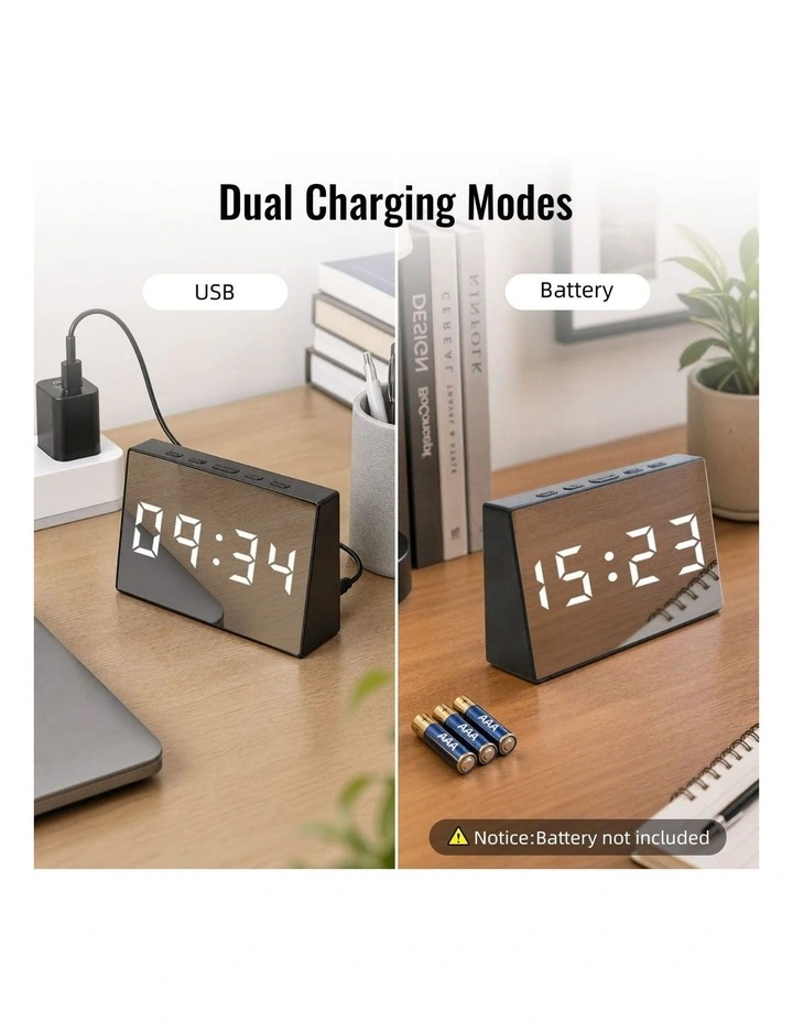 Clevinger Black LED Digital Alarm Clock with Mirror Display & Snooze 13cm image 4
