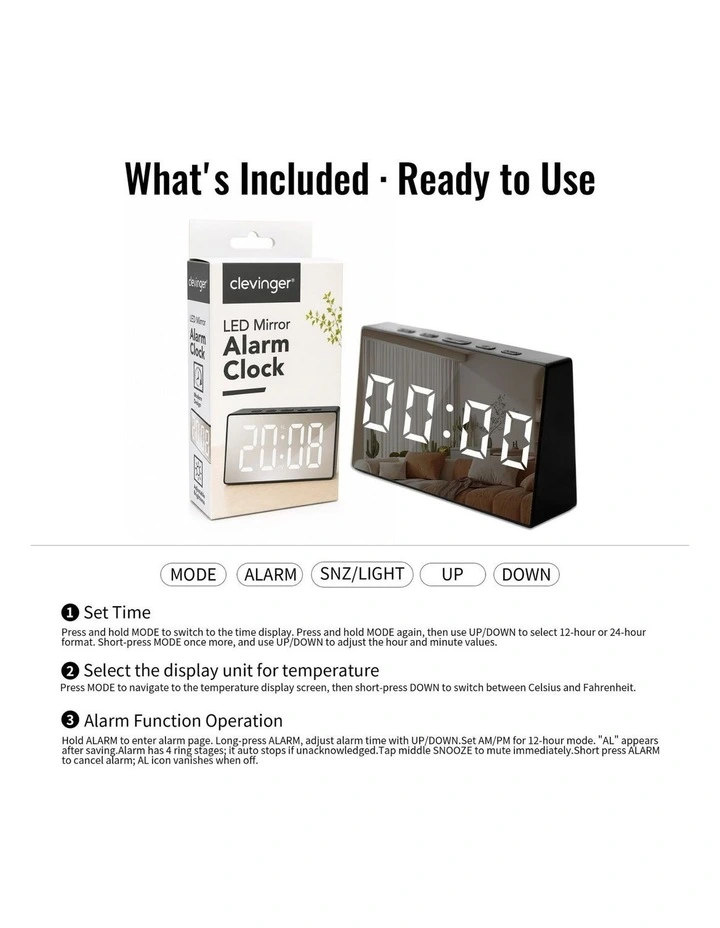 Clevinger Black LED Digital Alarm Clock with Mirror Display & Snooze 13cm image 7