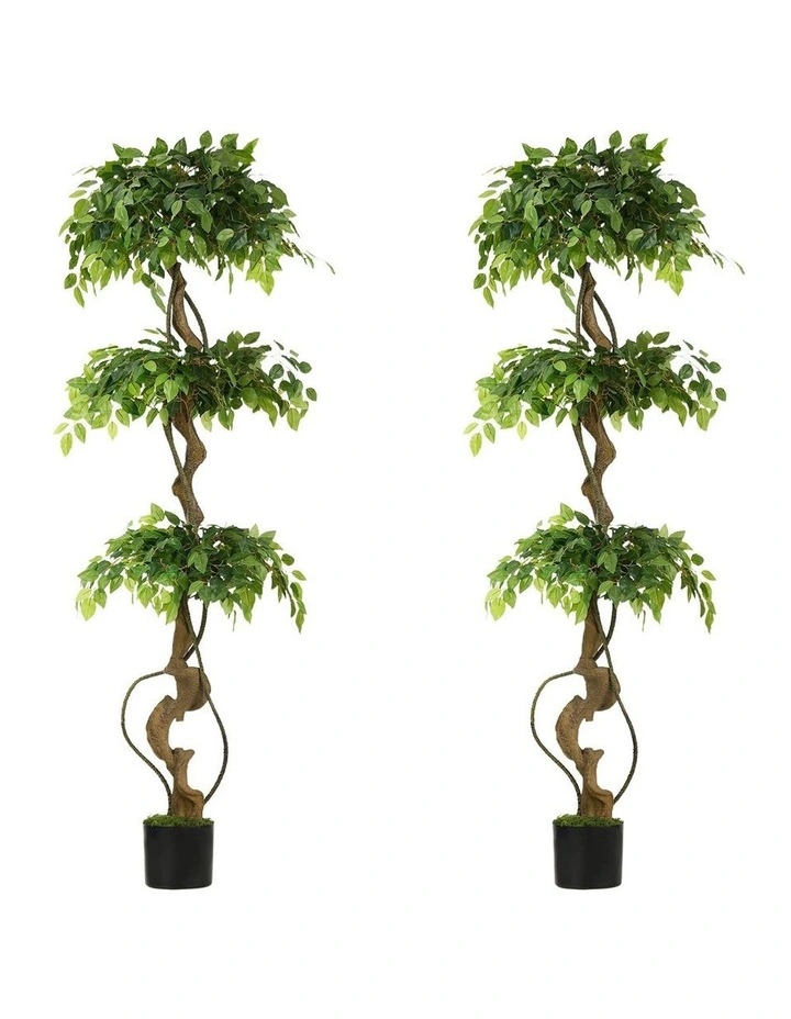 Livsip 2PCS Artificial Ficus Tree 180cm Large Twisted Ficus Faux Potted Plant image 1