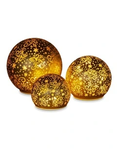 Christabelle 3 Gold Glass Christmas LED Light Up Spheres Patterned Table Decor Xmas