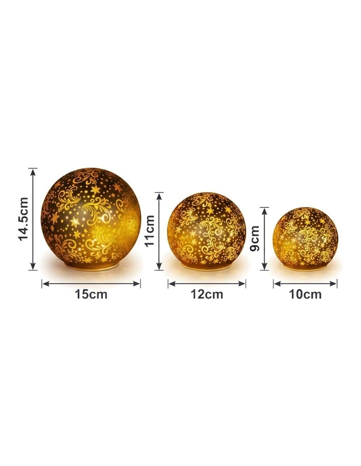Christabelle 3 Gold Glass Christmas LED Light Up Spheres Patterned Table Decor Xmas image 2