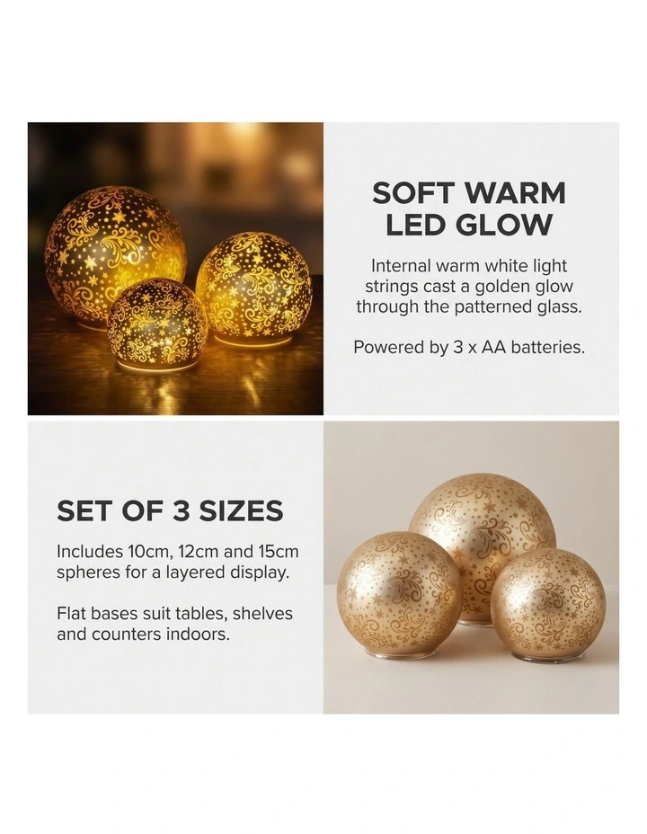 Christabelle 3 Gold Glass Christmas LED Light Up Spheres Patterned Table Decor Xmas image 3