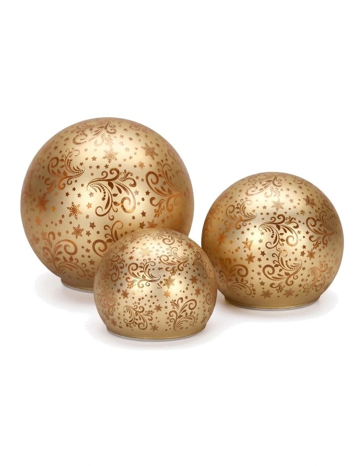 Christabelle 3 Gold Glass Christmas LED Light Up Spheres Patterned Table Decor Xmas image 4