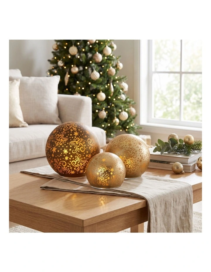 Christabelle 3 Gold Glass Christmas LED Light Up Spheres Patterned Table Decor Xmas image 5
