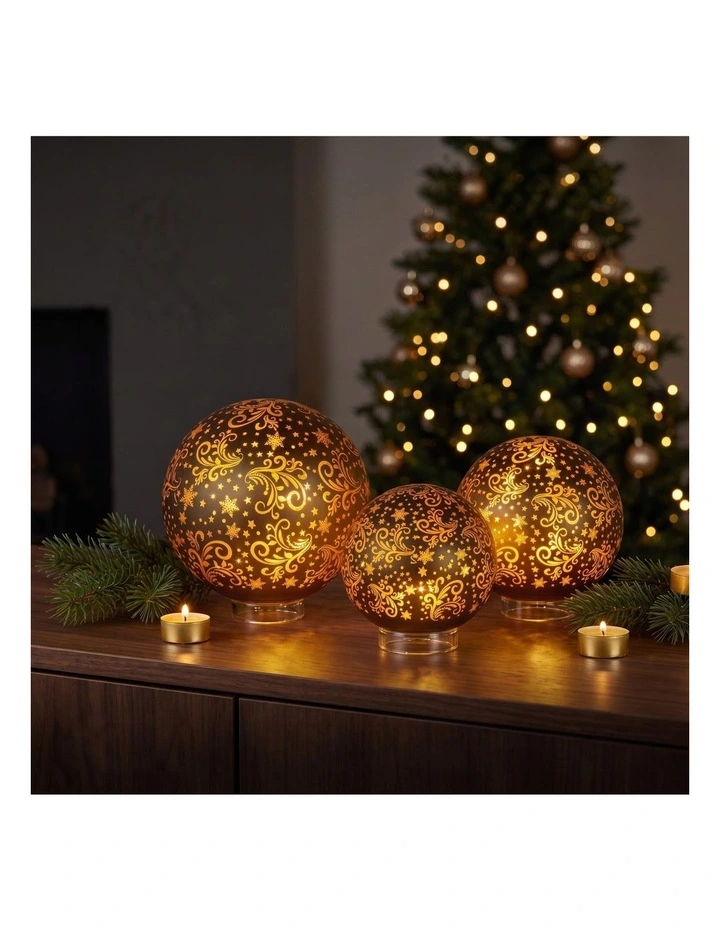 Christabelle 3 Gold Glass Christmas LED Light Up Spheres Patterned Table Decor Xmas image 6