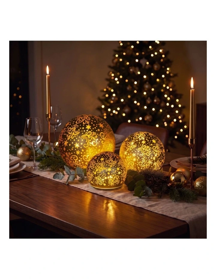 Christabelle 3 Gold Glass Christmas LED Light Up Spheres Patterned Table Decor Xmas image 7