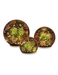 Christabelle 3 Green Glass Christmas LED Light Up Spheres Gold Pattern Table Decor Xmas