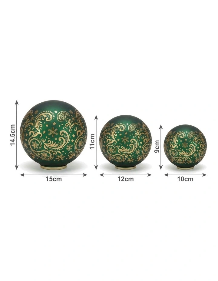 Christabelle 3 Green Glass Christmas LED Light Up Spheres Gold Pattern Table Decor Xmas image 2