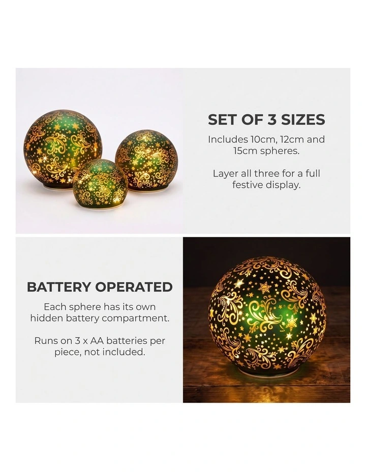 Christabelle 3 Green Glass Christmas LED Light Up Spheres Gold Pattern Table Decor Xmas image 3