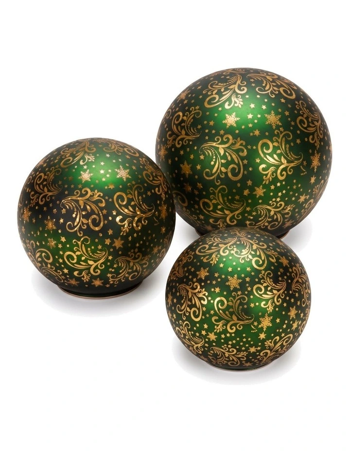 Christabelle 3 Green Glass Christmas LED Light Up Spheres Gold Pattern Table Decor Xmas image 4