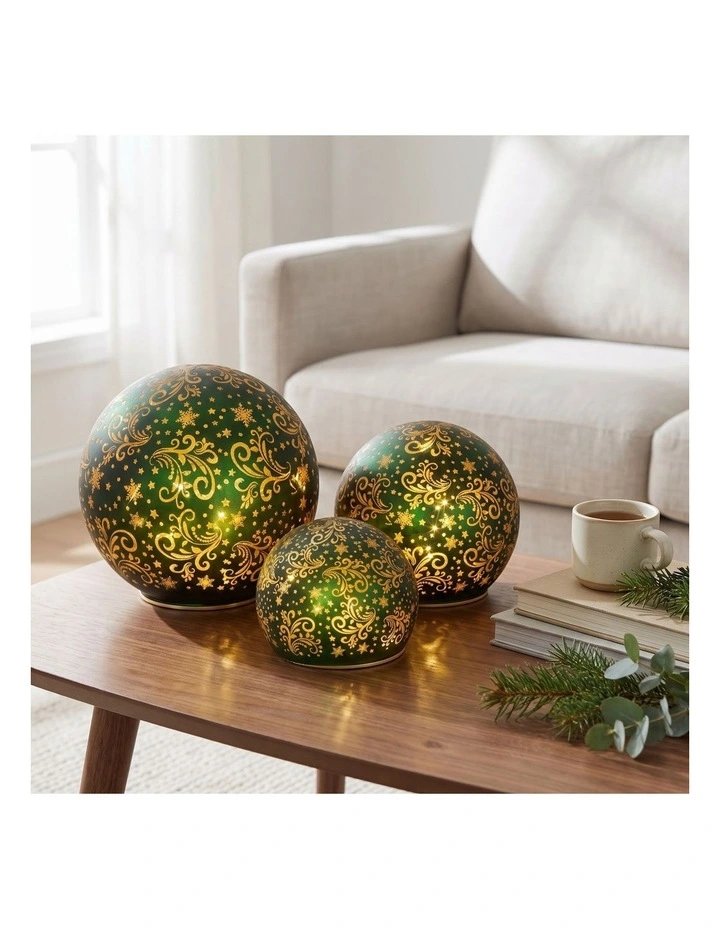 Christabelle 3 Green Glass Christmas LED Light Up Spheres Gold Pattern Table Decor Xmas image 5