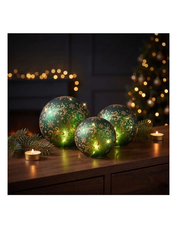 Christabelle 3 Green Glass Christmas LED Light Up Spheres Gold Pattern Table Decor Xmas image 6