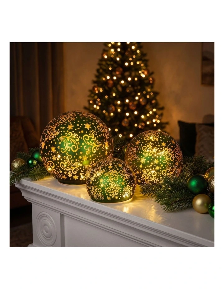 Christabelle 3 Green Glass Christmas LED Light Up Spheres Gold Pattern Table Decor Xmas image 7