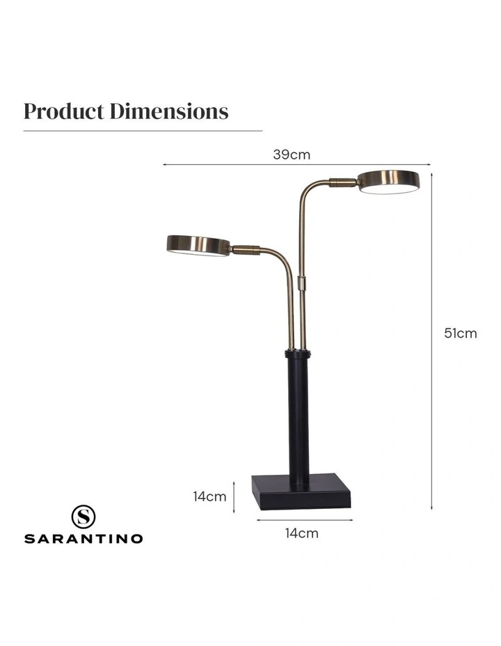 Sarantino LED Metal Table Lamp with 2 Lights Brushed Gold Black Finish image 3