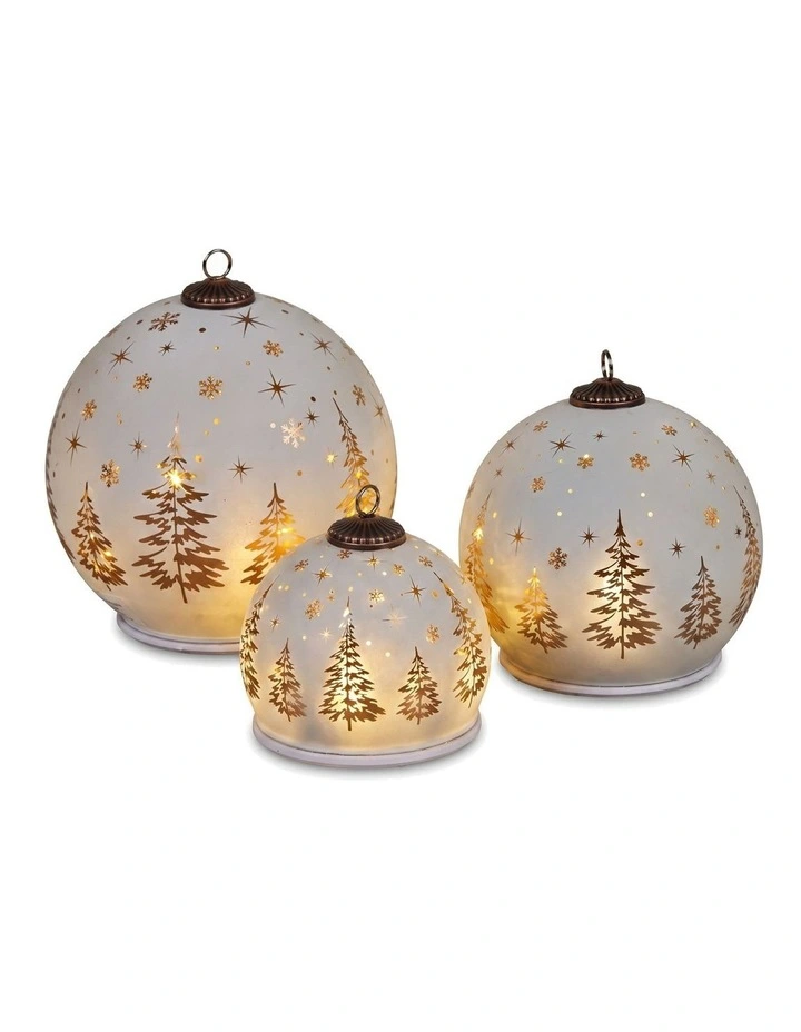 Christabelle 3 White Glass Christmas LED Light Up Spheres Gold Forest Table Decor Xmas image 1