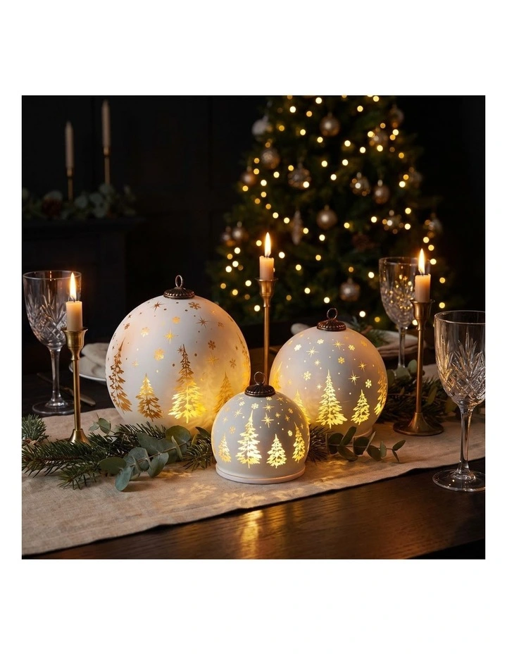Christabelle 3 White Glass Christmas LED Light Up Spheres Gold Forest Table Decor Xmas image 5