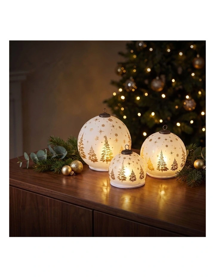 Christabelle 3 White Glass Christmas LED Light Up Spheres Gold Forest Table Decor Xmas image 6