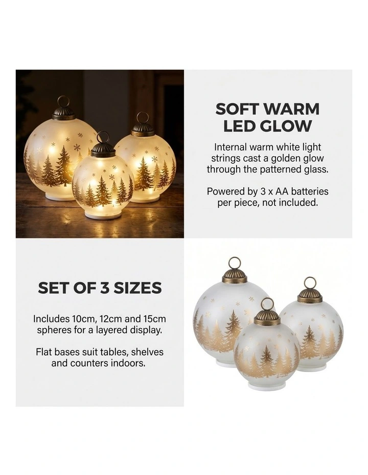 Christabelle 3 White Glass Christmas LED Light Up Spheres Gold Forest Table Decor Xmas image 7