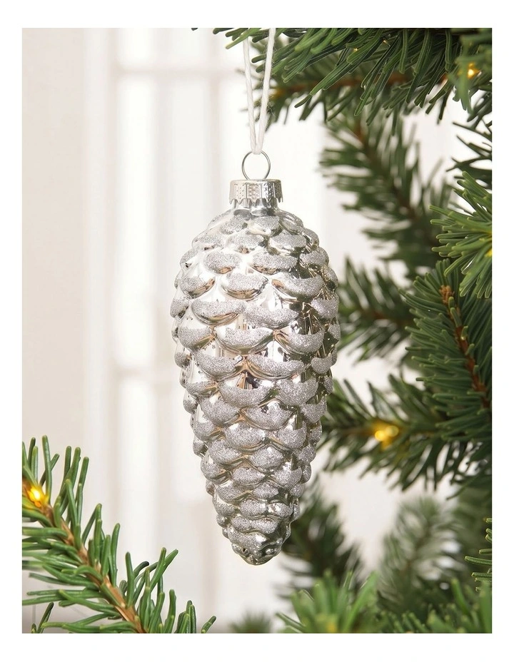 Sherwood Christmas Pinecone Metallic Glass Baubles (6 Pack) 7x16cm Silver image 1