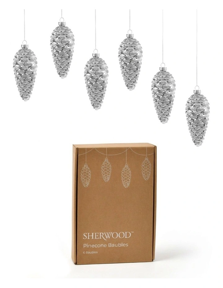Sherwood Christmas Pinecone Metallic Glass Baubles (6 Pack) 7x16cm Silver image 2