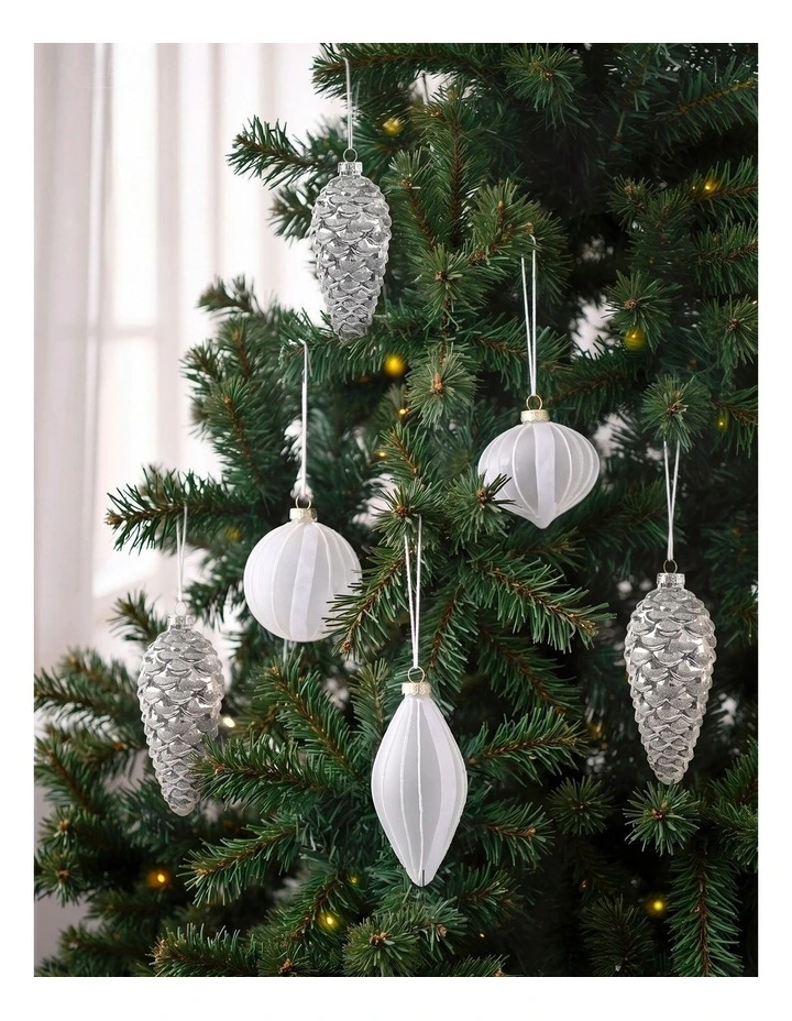 Sherwood Christmas Pinecone Metallic Glass Baubles (6 Pack) 7x16cm Silver image 3