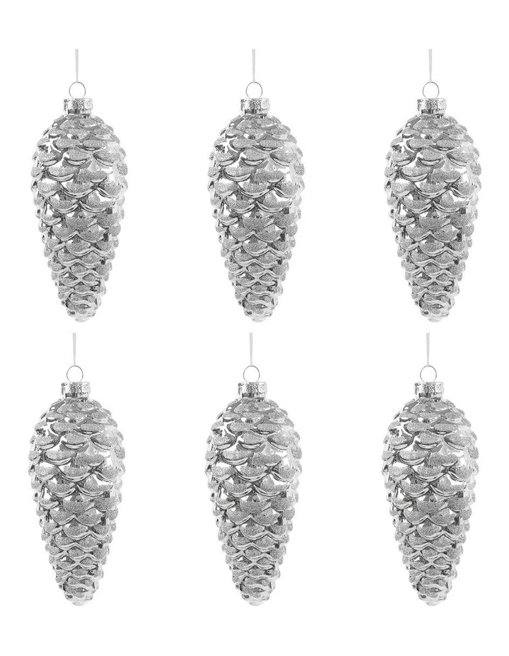 Sherwood Christmas Pinecone Metallic Glass Baubles (6 Pack) 7x16cm Silver image 5