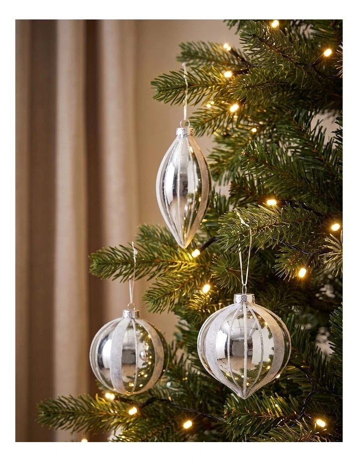 Sherwood Christmas Glitter Stripe Glass Mixed Shape Baubles (6 Pack) Silver image 1