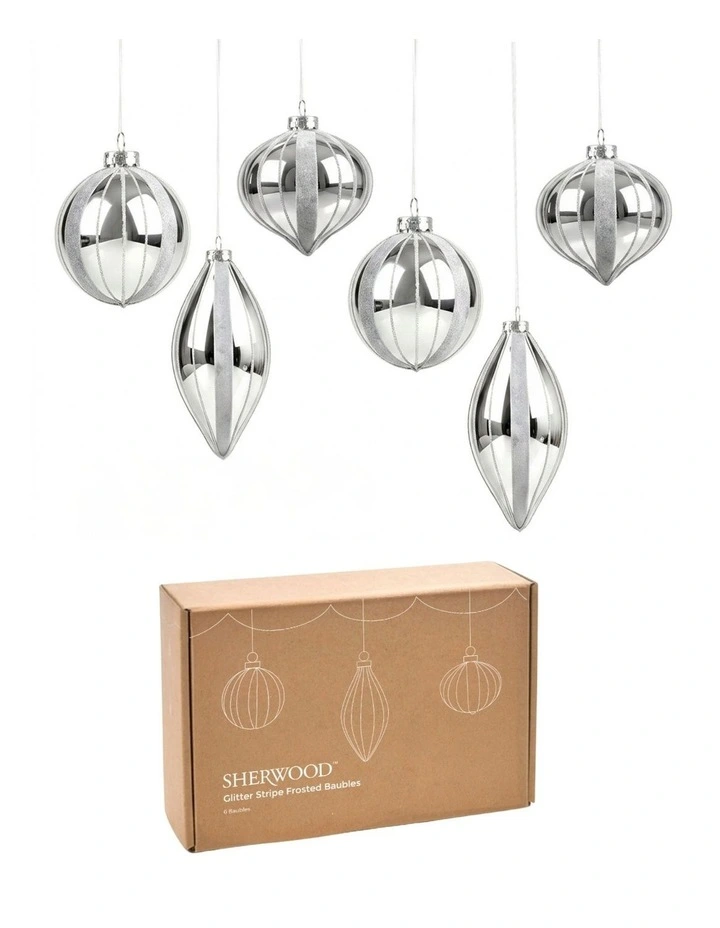 Sherwood Christmas Glitter Stripe Glass Mixed Shape Baubles (6 Pack) Silver image 2
